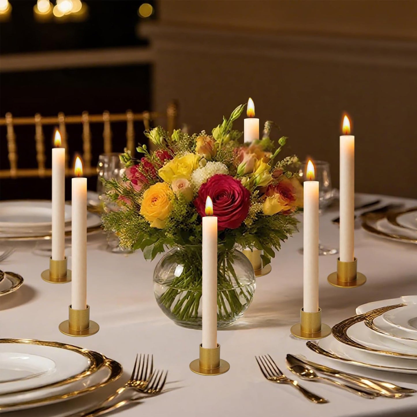 HDAIWN 6 Pcs Gold Candle Holder,Metal Taper Candle Holders, Classic Candlestick Holders for Table Centerpiece, Festive Christmas Mantel Display or Home Decor