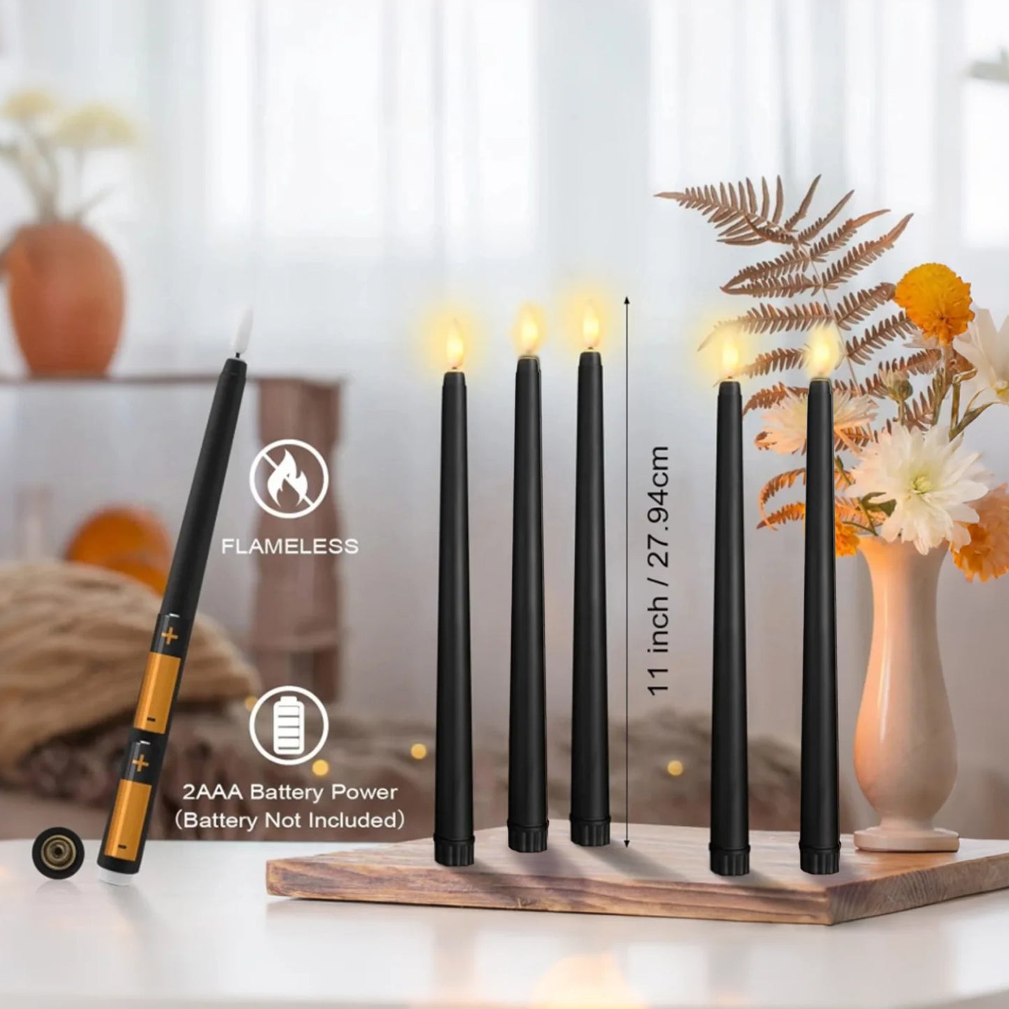 HIDAWN 6 Pcs Black Flameless Taper Candles with Remote, Yellow Flickering Light Realistic Plastic 11 Inch Long Battery Operated Window Candlestick for Wedding Dinner Halloween Christmas Decor 