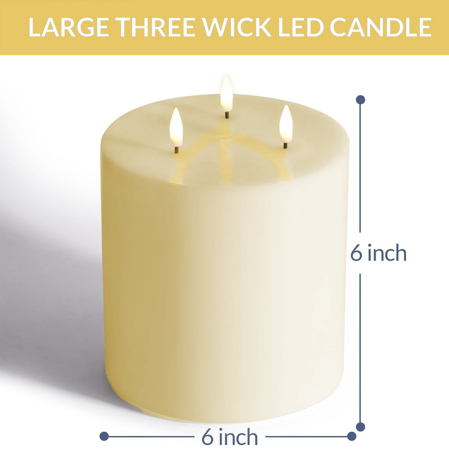 HIDAWN 3 Wick Extra Large Flameless Candles, 6"x6" Flat Battery Operated Candles with Remote, Led Candle with 3D Flickering Flame, Fake Candles for Home Decor (Ivory)