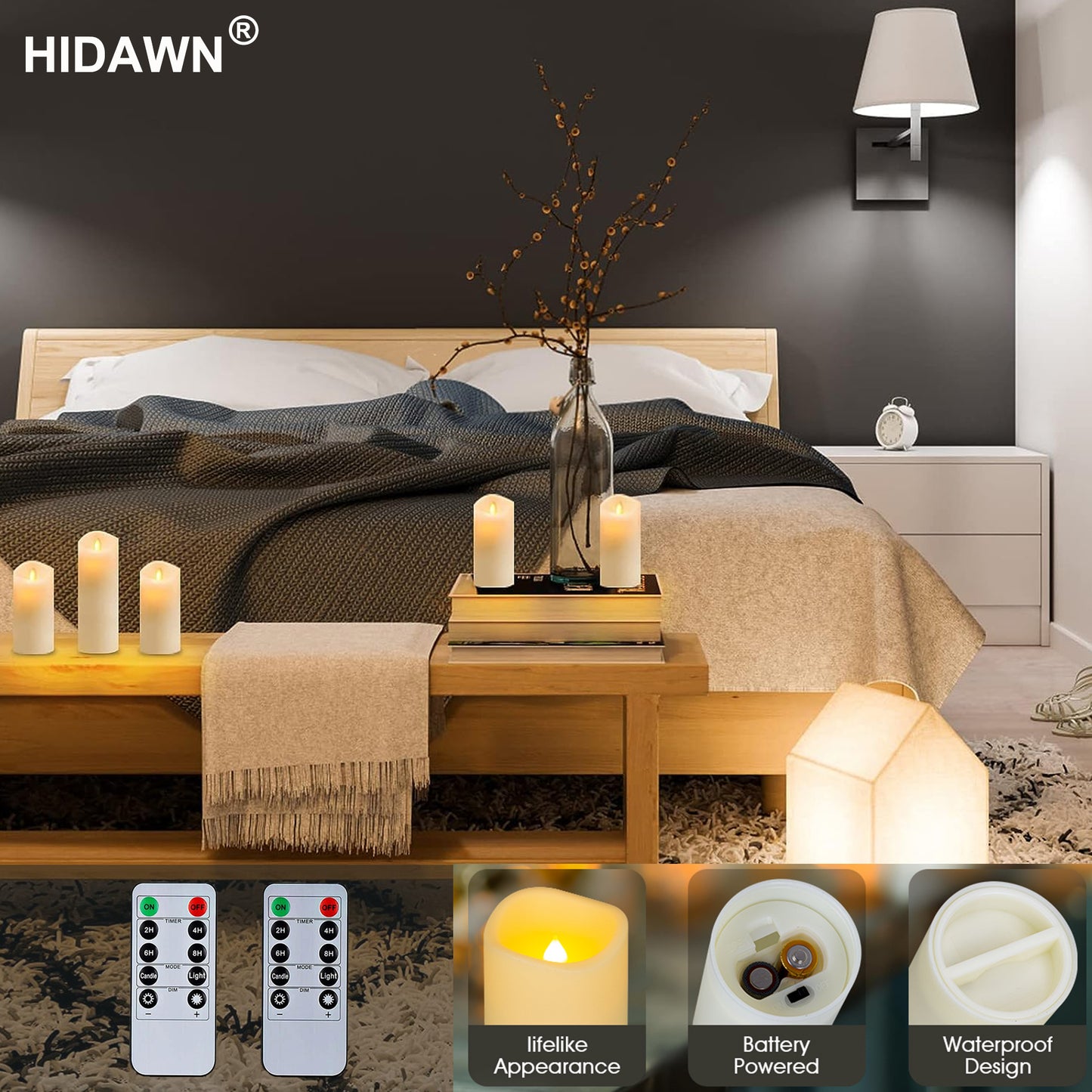 HIDAWN Battery Operated Flameless Fake Candles with Remote Timer,LED Pillar Electric Candles for Valentines Home Wedding Birthday Halloween,Christmas Decor-Ivory White 9Pack