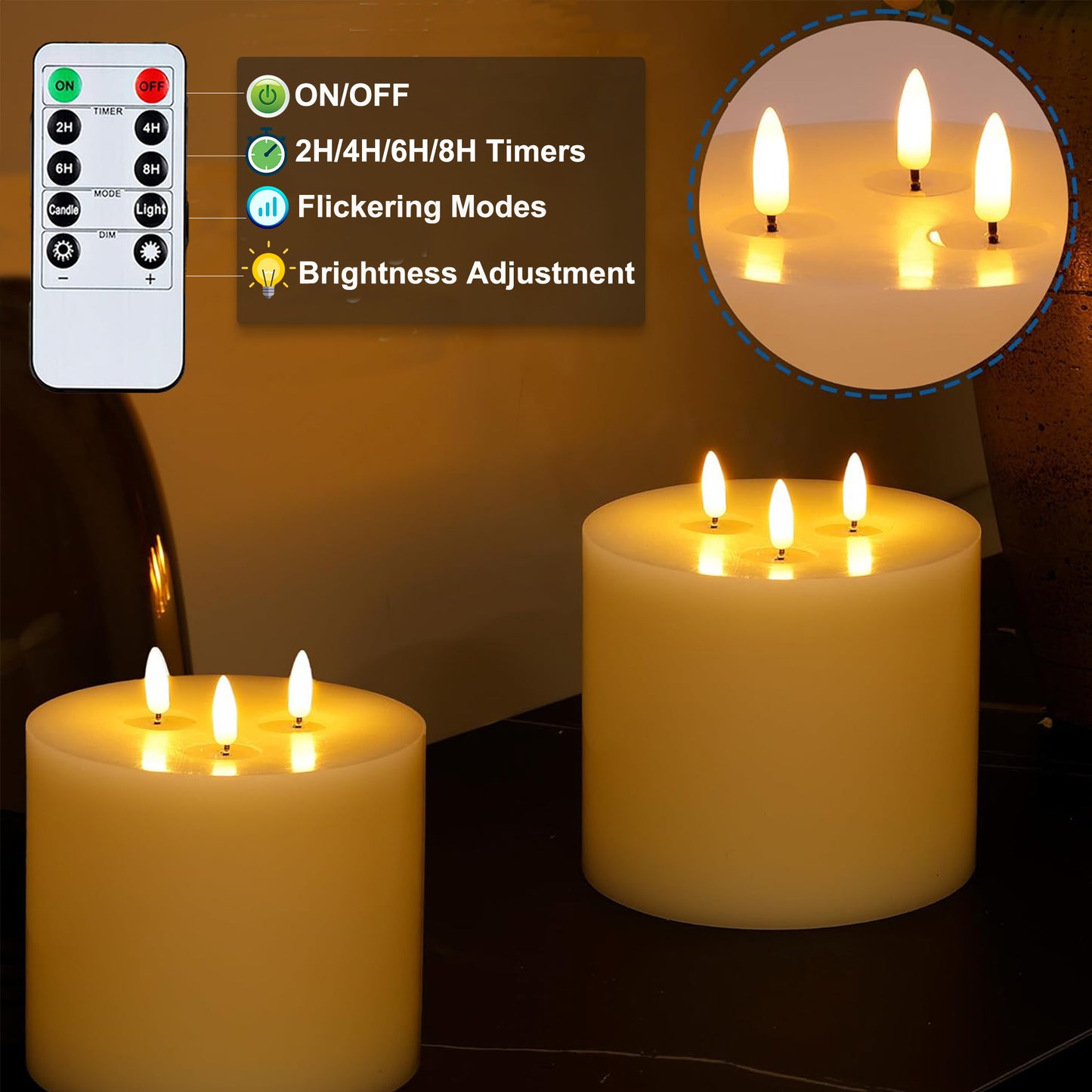 HIDAWN 3 Wick Extra Large Flameless Candles, 6"x6" Flat Battery Operated Candles with Remote, Led Candle with 3D Flickering Flame, Fake Candles for Home Decor (Ivory)