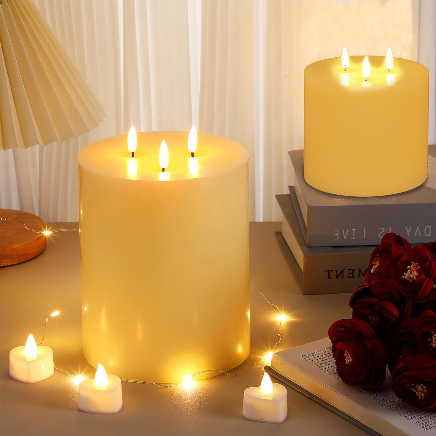 HIDAWN 3 Wick Extra Large Flameless Candles, 6"x6" Flat Battery Operated Candles with Remote, Led Candle with 3D Flickering Flame, Fake Candles for Home Decor (Ivory)