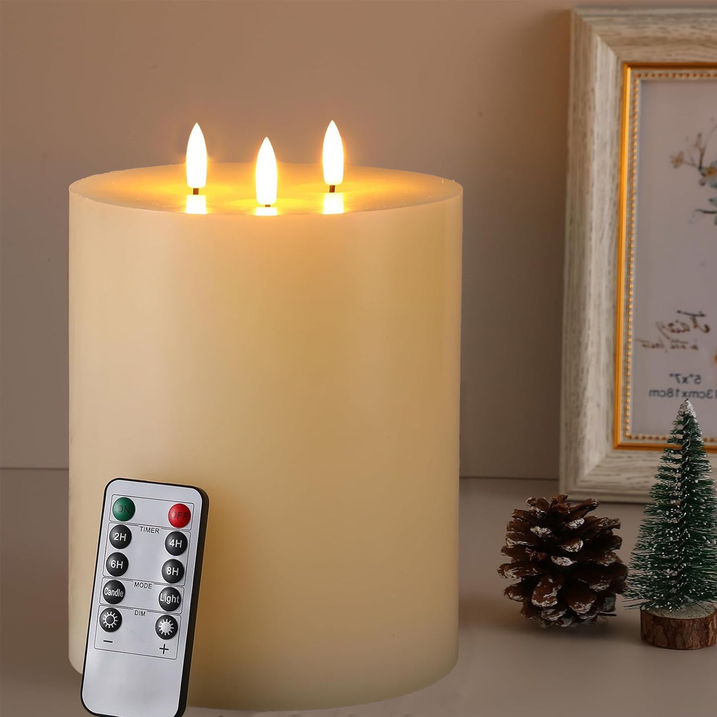 HIDAWN 3 Wick Extra Large Flameless Candles, 6"x6" Flat Battery Operated Candles with Remote, Led Candle with 3D Flickering Flame, Fake Candles for Home Decor (Ivory)