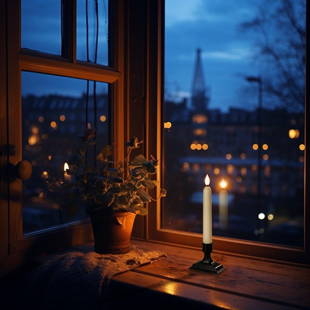 HIDAWN Battery Operated LED Window Candles,Ivory Flameless Taper Candles with Dusk-to-Dawn Sensor and Black Holders-Set of 6