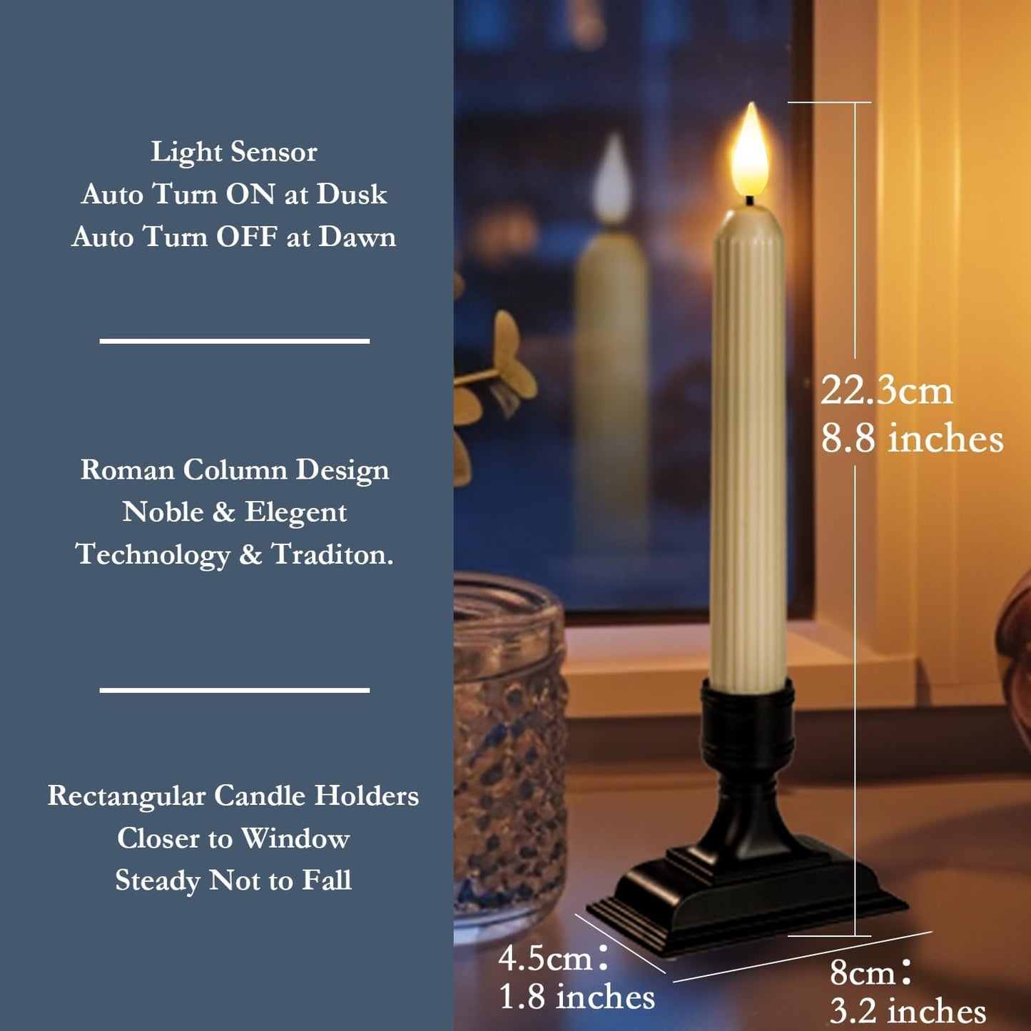HIDAWN Battery Operated LED Window Candles,Ivory Flameless Taper Candles with Dusk-to-Dawn Sensor and Black Holders-Set of 6