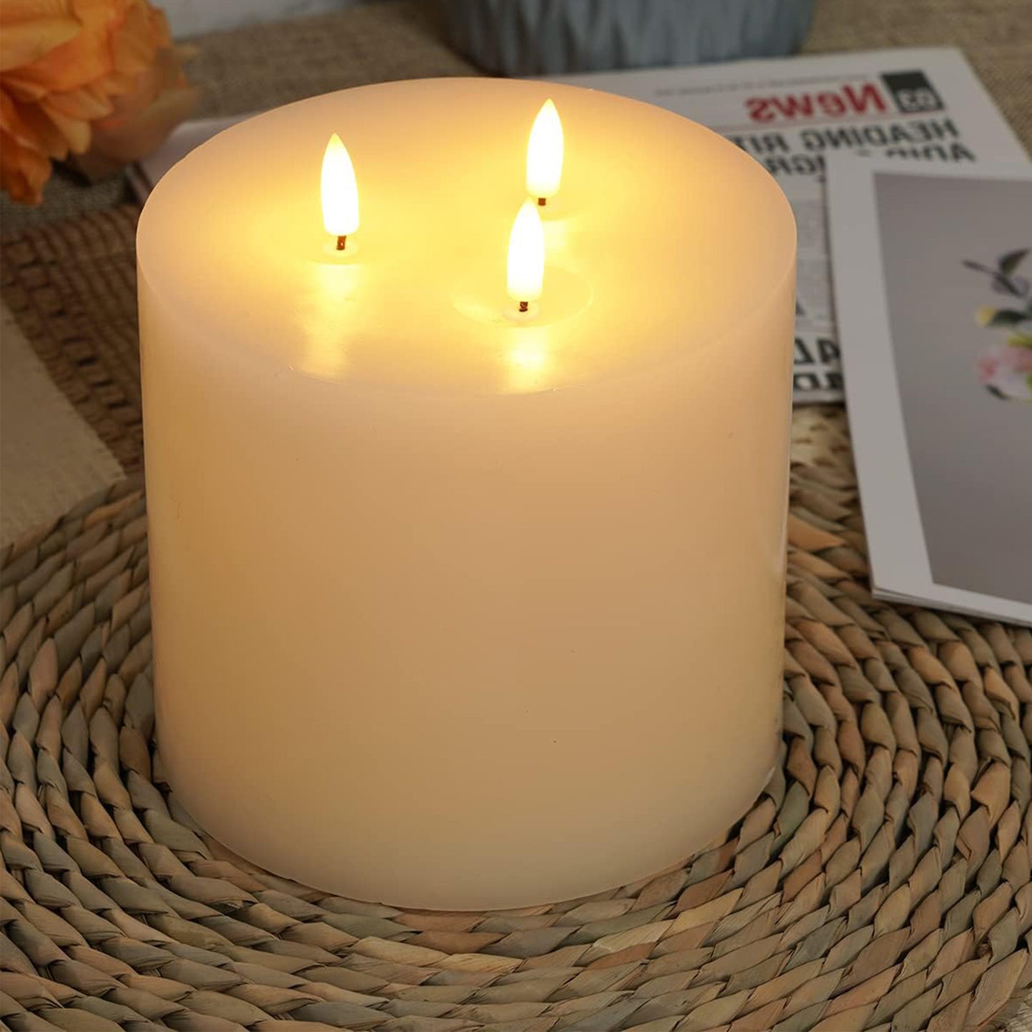 HIDAWN 3 Wick Extra Large Flameless Candles, 6"x6" Flat Battery Operated Candles with Remote, Led Candle with 3D Flickering Flame, Fake Candles for Home Decor (Ivory)