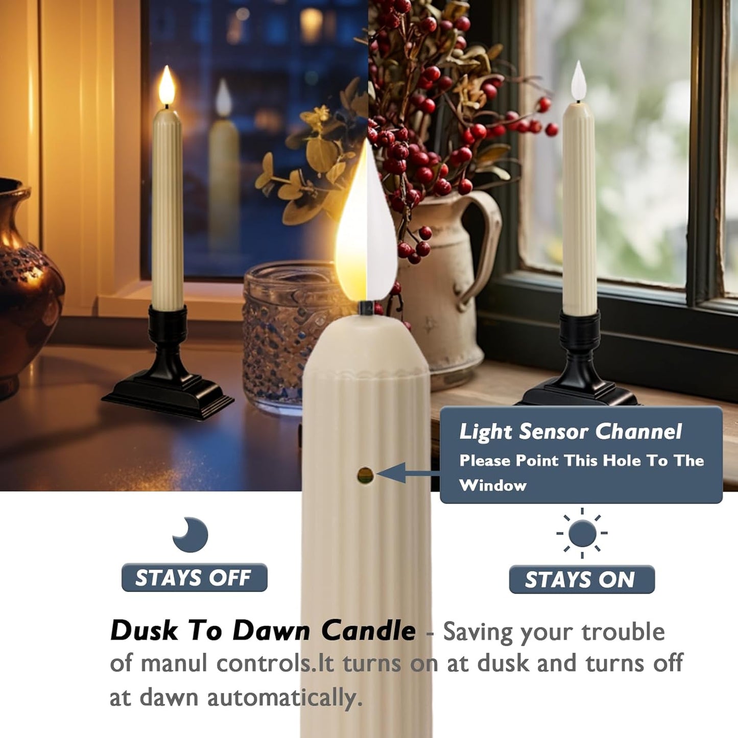 HIDAWN Battery Operated LED Window Candles,Ivory Flameless Taper Candles with Dusk-to-Dawn Sensor and Black Holders-Set of 6