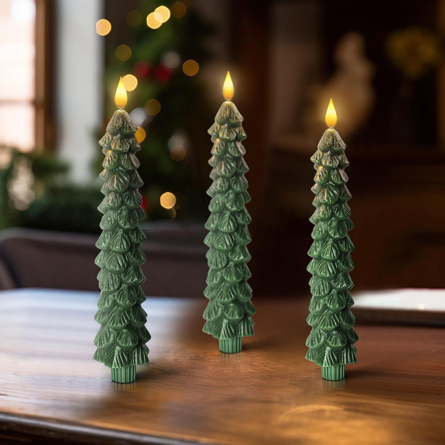 HIDAWN Christmas Tree Candles with Remote,Flameless Taper Candles Flickering, Green LED Candlesticks Battery Operated for New Year Celebration Holiday Decorations