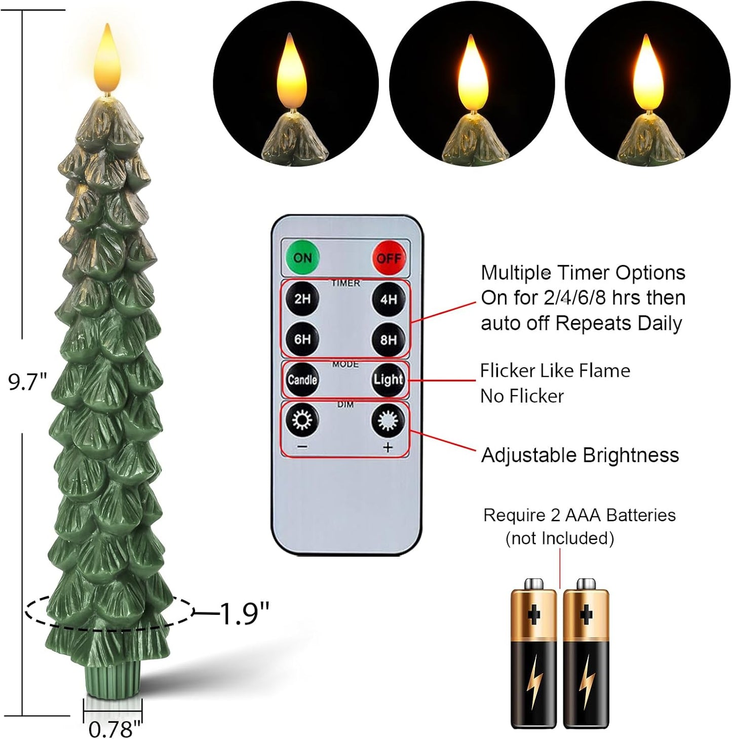 HIDAWN Christmas Tree Candles with Remote,Flameless Taper Candles Flickering, Green LED Candlesticks Battery Operated for New Year Celebration Holiday Decorations