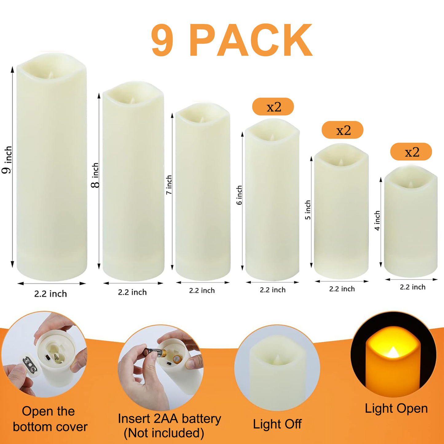 HIDAWN Battery Operated Flameless Fake Candles with Remote Timer,LED Pillar Electric Candles for Valentines Home Wedding Birthday Halloween,Christmas Decor-Ivory White 9Pack