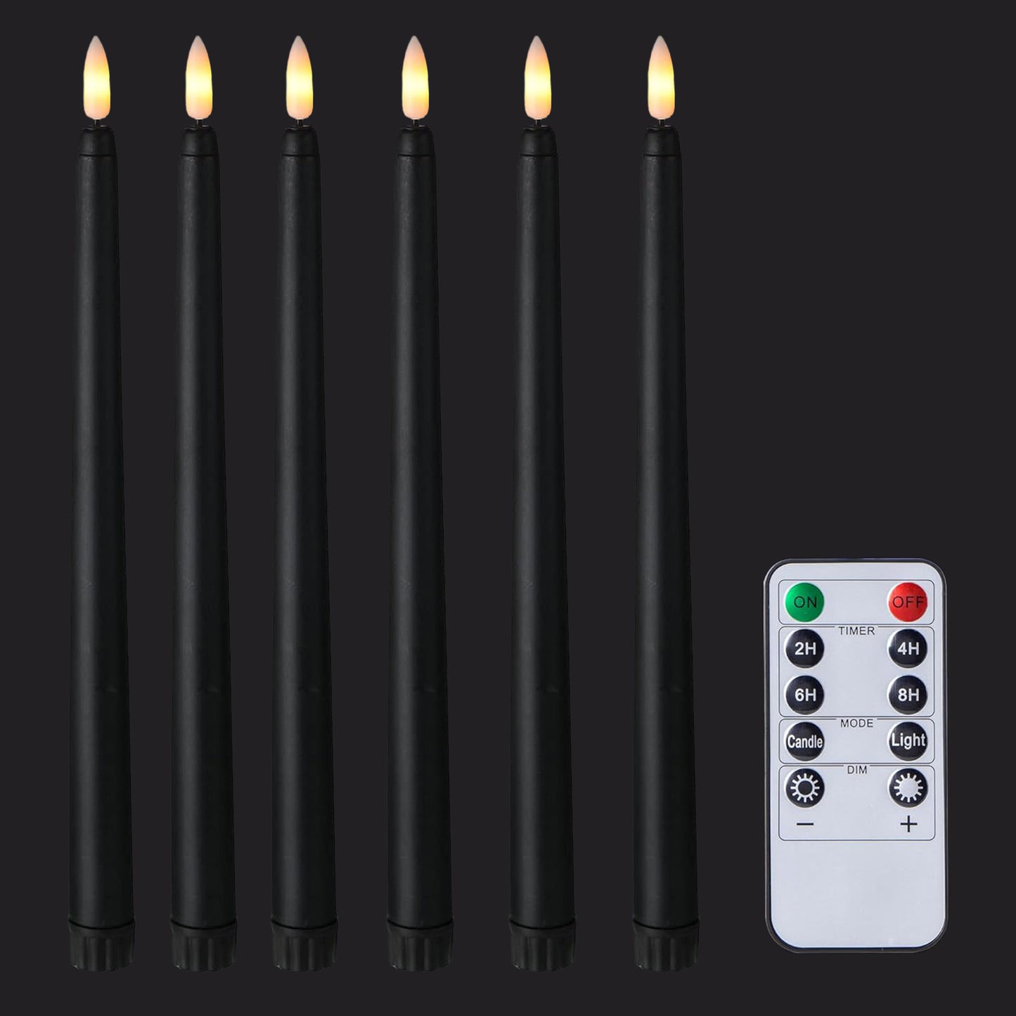 HIDAWN 6 Pcs Black Flameless Taper Candles with Remote, Yellow Flickering Light Realistic Plastic 11 Inch Long Battery Operated Window Candlestick for Wedding Dinner Halloween Christmas Decor 