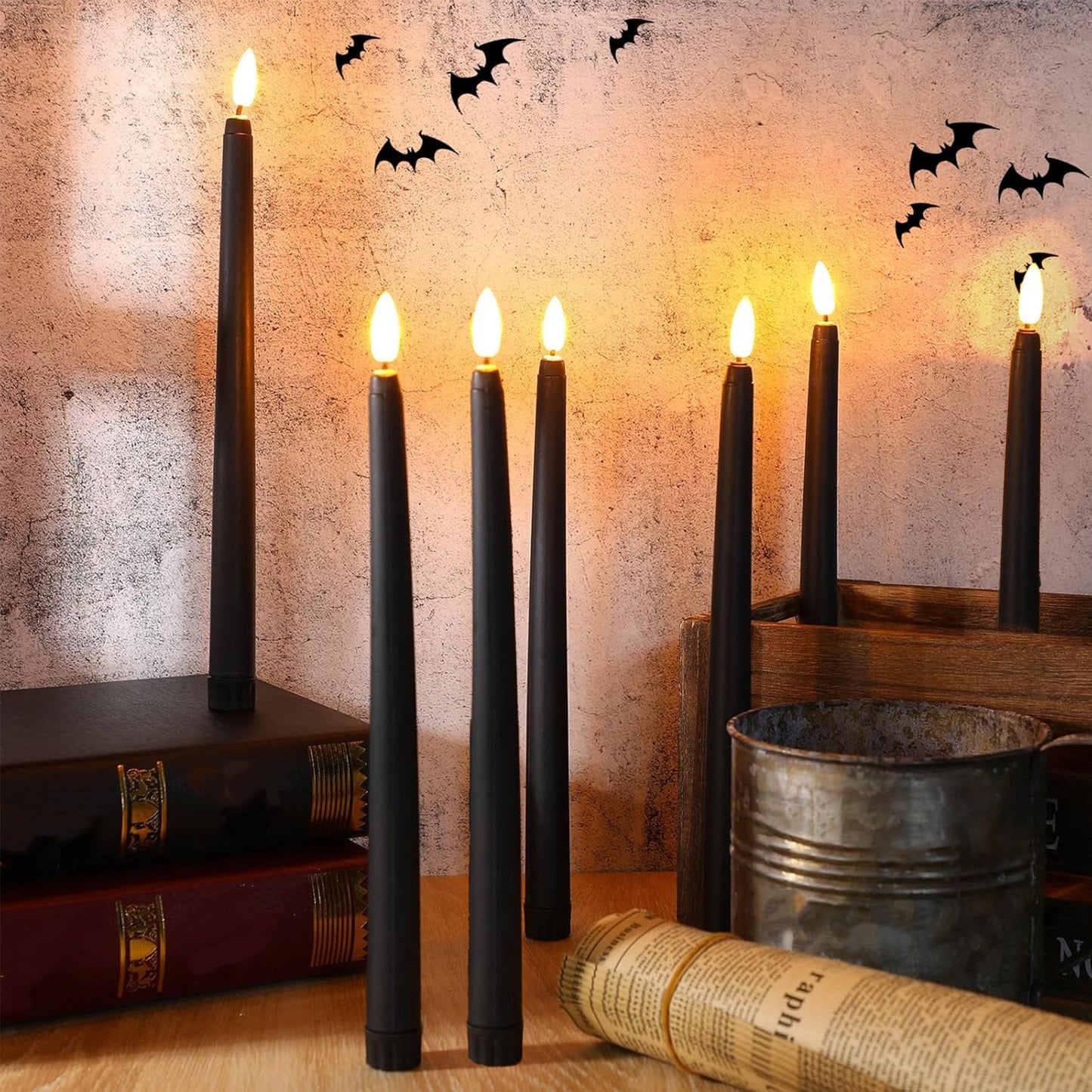 HIDAWN 6 Pcs Black Flameless Taper Candles with Remote, Yellow Flickering Light Realistic Plastic 11 Inch Long Battery Operated Window Candlestick for Wedding Dinner Halloween Christmas Decor 