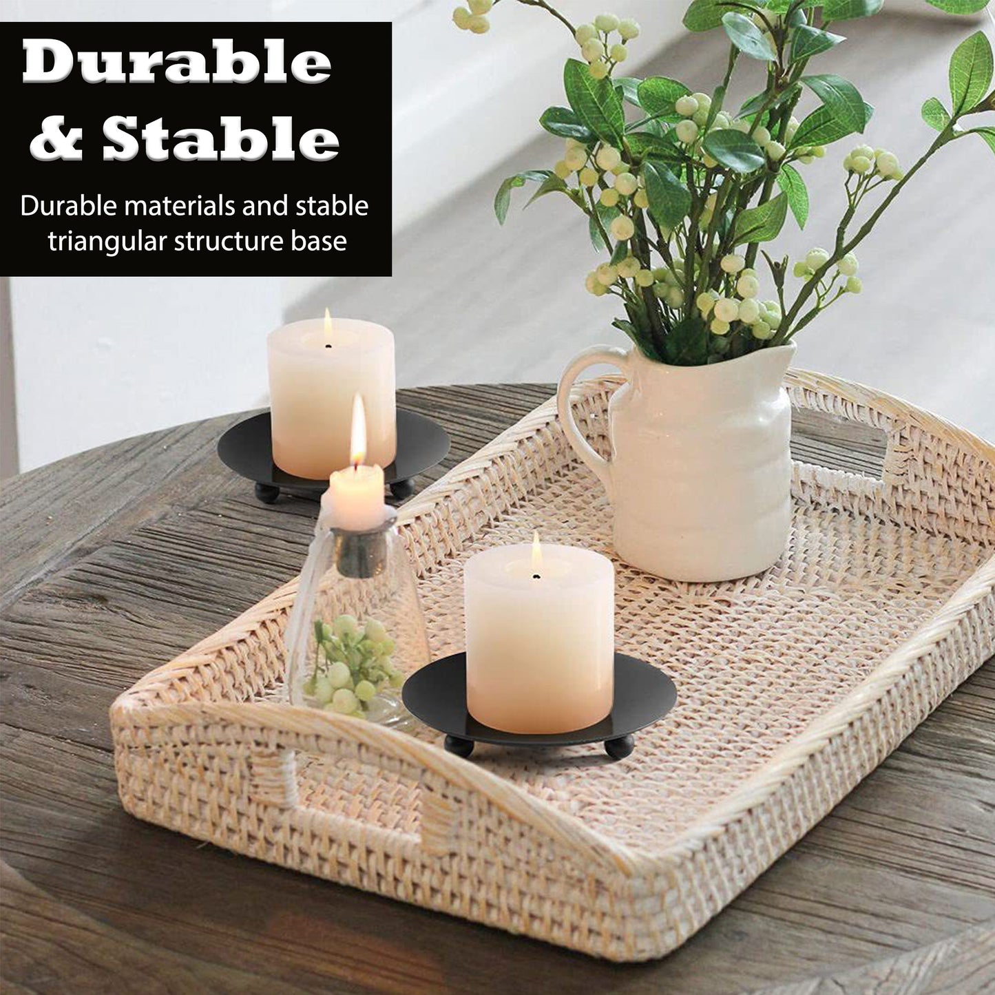HIDAWN 4PCS Black Iron Plate Candle Holder, Decorative Metal Pillar Candle Plate, Pedestal Candle Stand,4.33''D x 0.79'' H