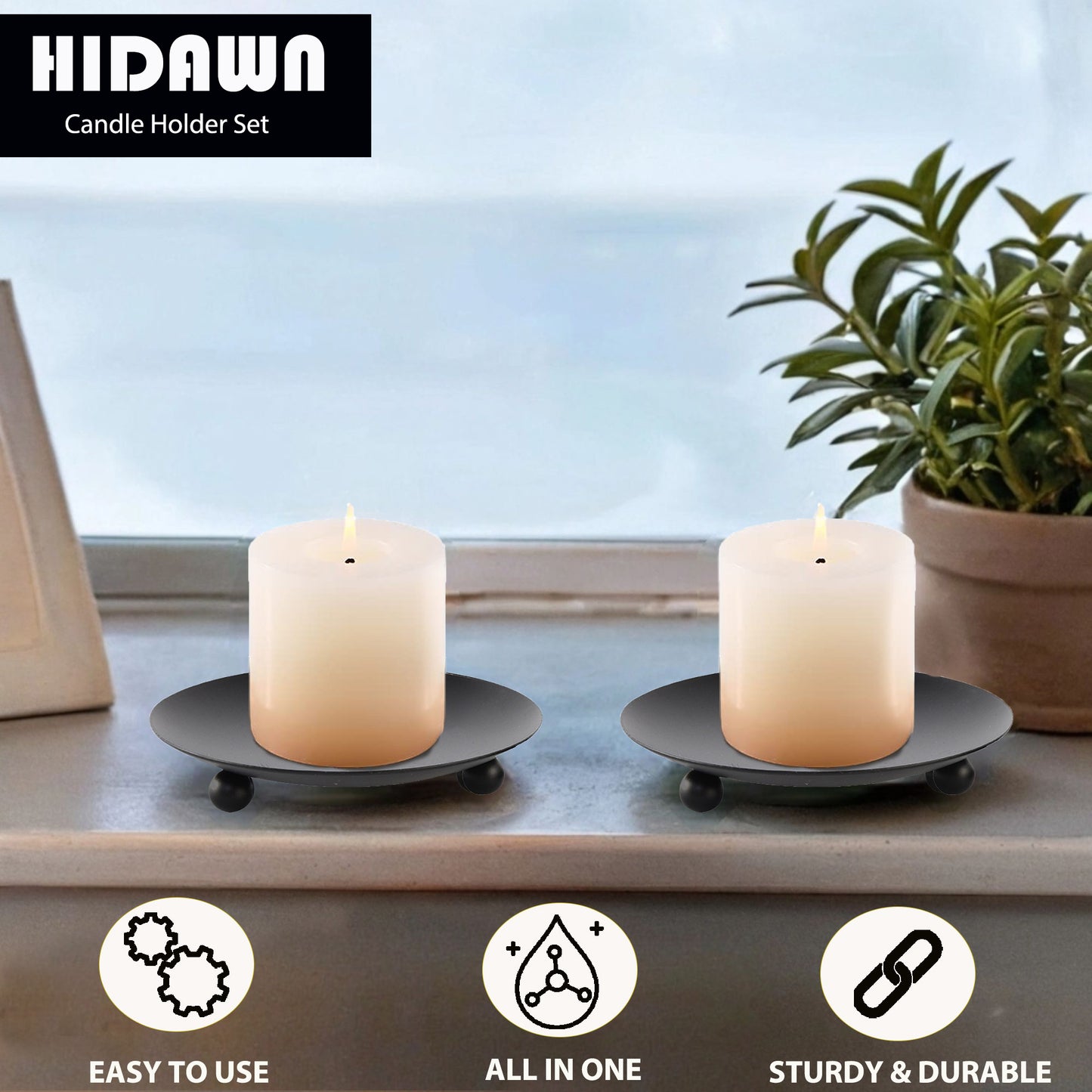 HIDAWN 4PCS Black Iron Plate Candle Holder, Decorative Metal Pillar Candle Plate, Pedestal Candle Stand,4.33''D x 0.79'' H