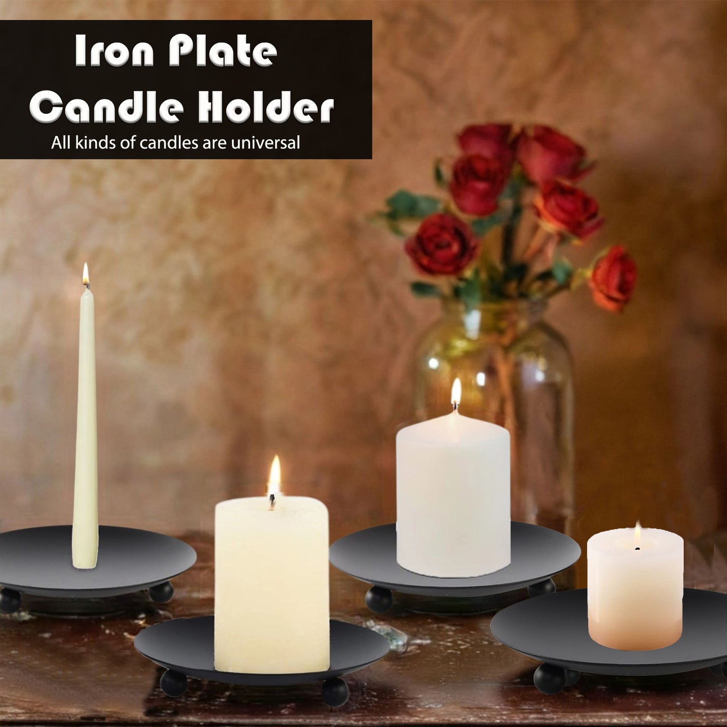 HIDAWN 4PCS Black Iron Plate Candle Holder, Decorative Metal Pillar Candle Plate, Pedestal Candle Stand,4.33''D x 0.79'' H