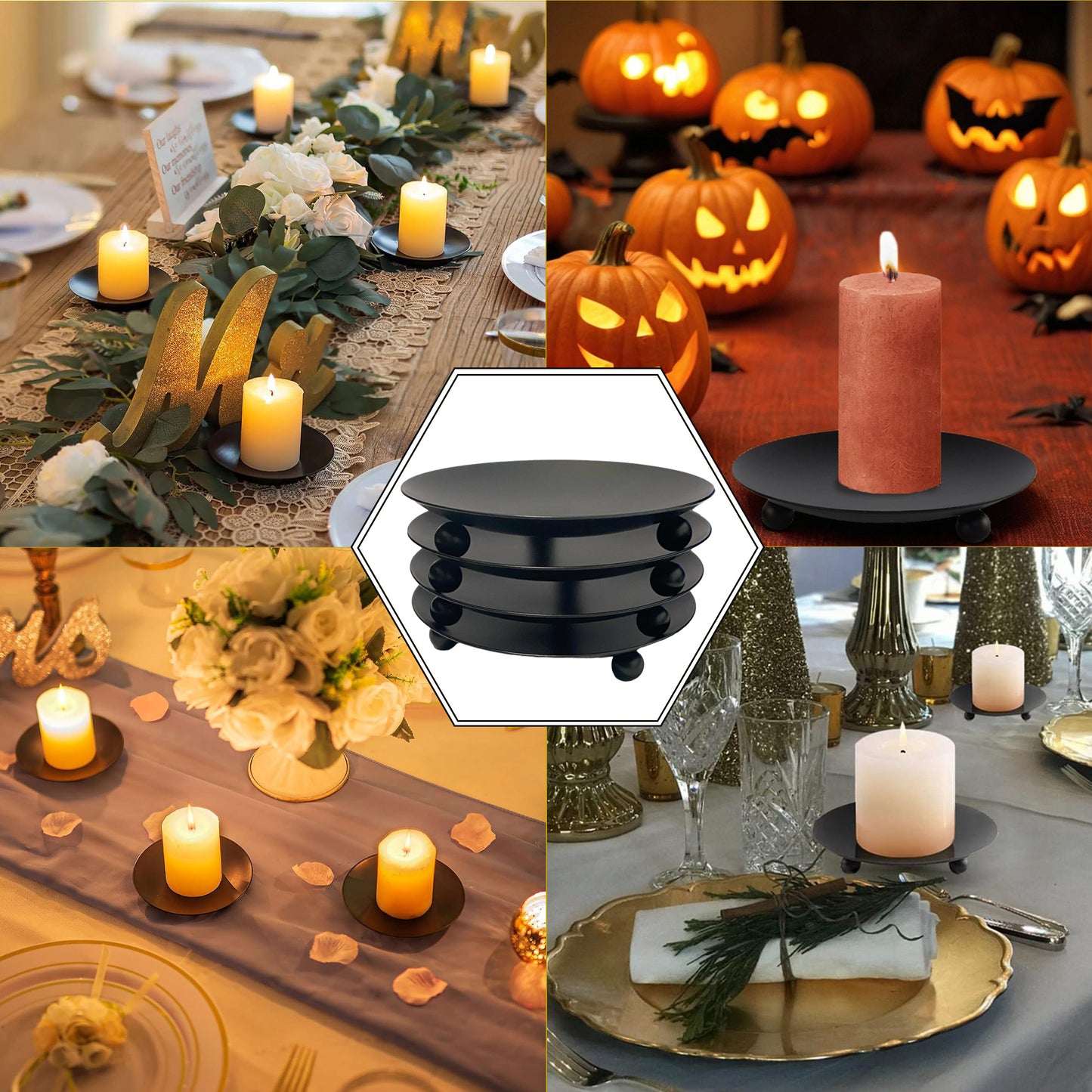 HIDAWN 4PCS Black Iron Plate Candle Holder, Decorative Metal Pillar Candle Plate, Pedestal Candle Stand,4.33''D x 0.79'' H