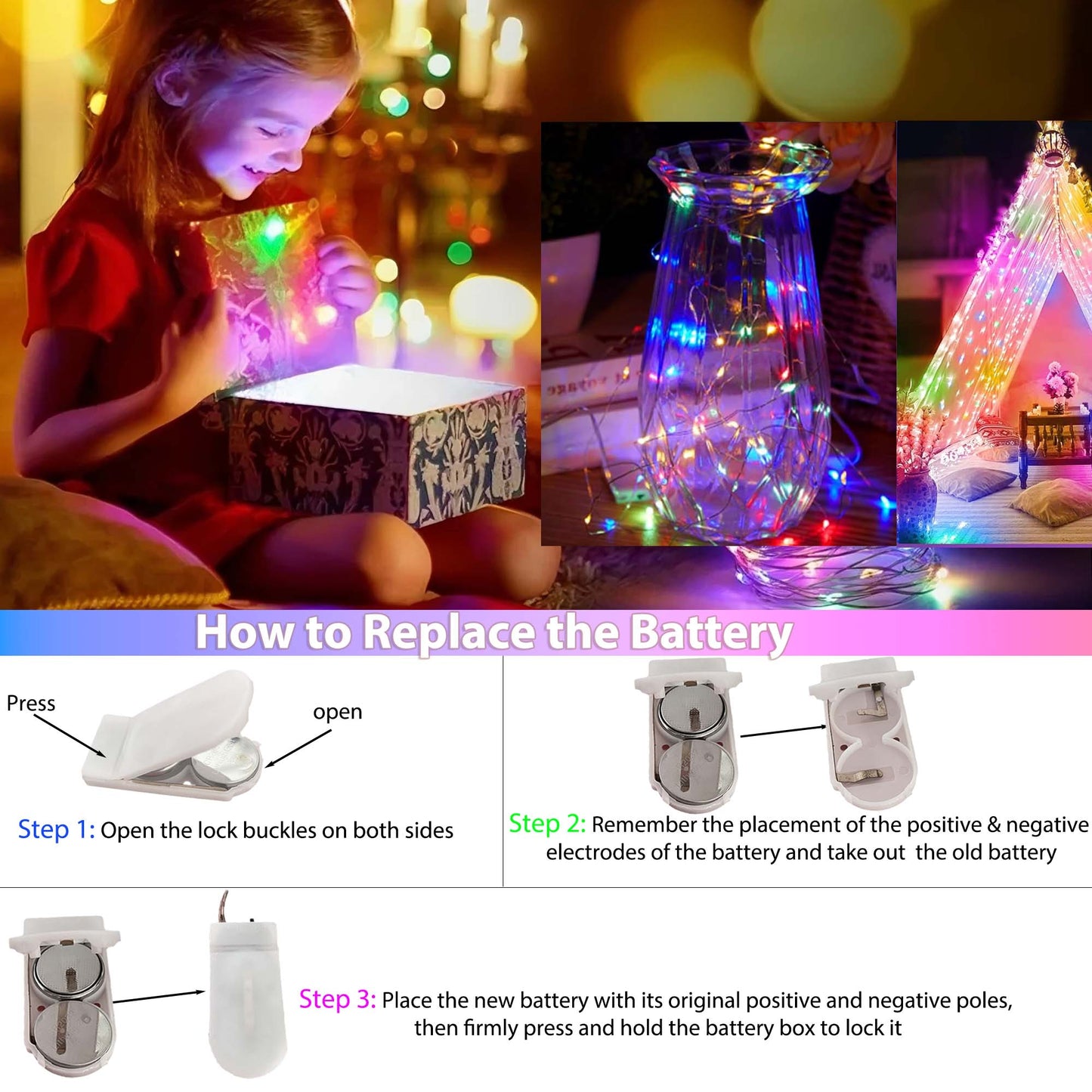 HIDAWN 12 Pack Upgrade Fairy Lights CR2032 Battery Operated,9.84ft 30 LED Waterproof Mini String Lights Copper Wire Firefly Starry Lights-Multicolour