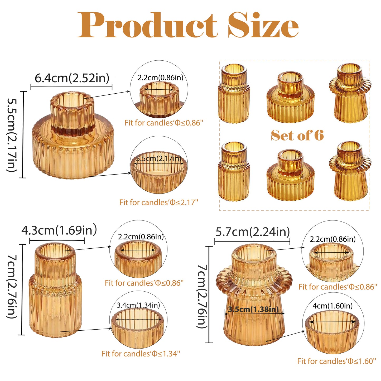 HIDAWN 6 Pcs Amber Glass Candlestick Holders Tealight Candle Holders, Votive Candle Stick Candle Holder