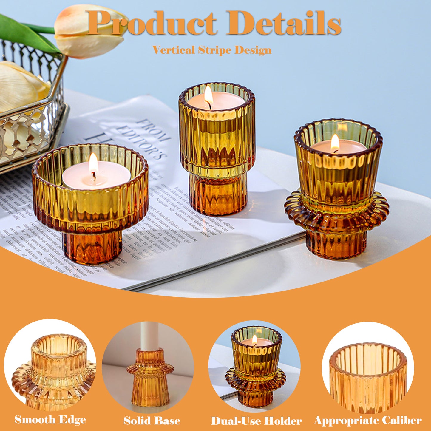 HIDAWN 6 Pcs Amber Glass Candlestick Holders Tealight Candle Holders, Votive Candle Stick Candle Holder