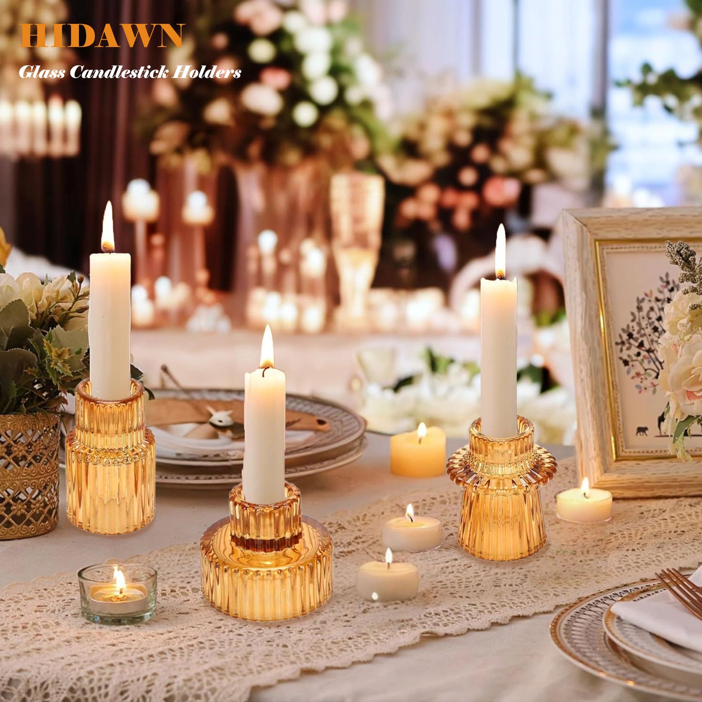 HIDAWN 6 Pcs Amber Glass Candlestick Holders Tealight Candle Holders, Votive Candle Stick Candle Holder