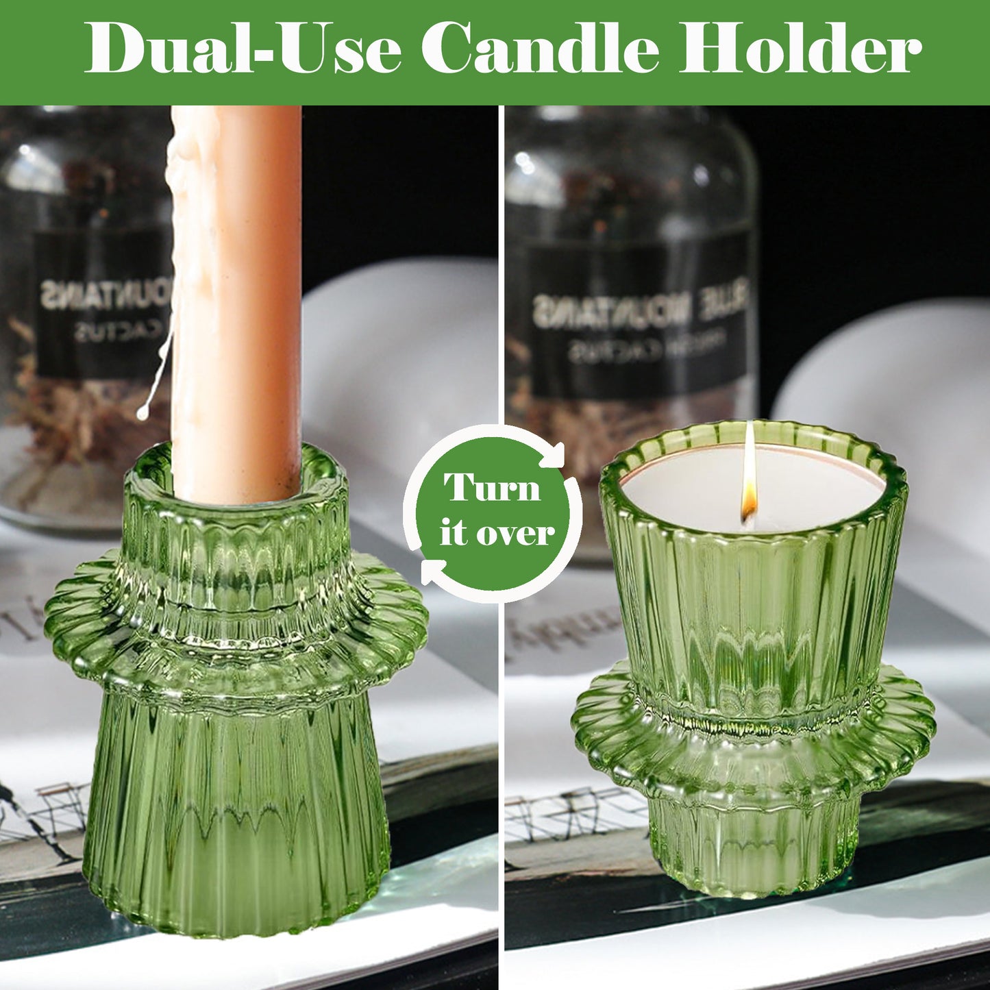 HIDAWN 6 Pcs Green Glass Candlestick Holders Tealight Candle Holders, Votive Candle Stick Candle Holder