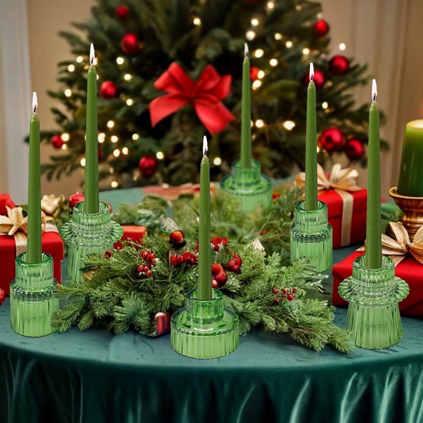HIDAWN 6 Pcs Green Glass Candlestick Holders Tealight Candle Holders, Votive Candle Stick Candle Holder