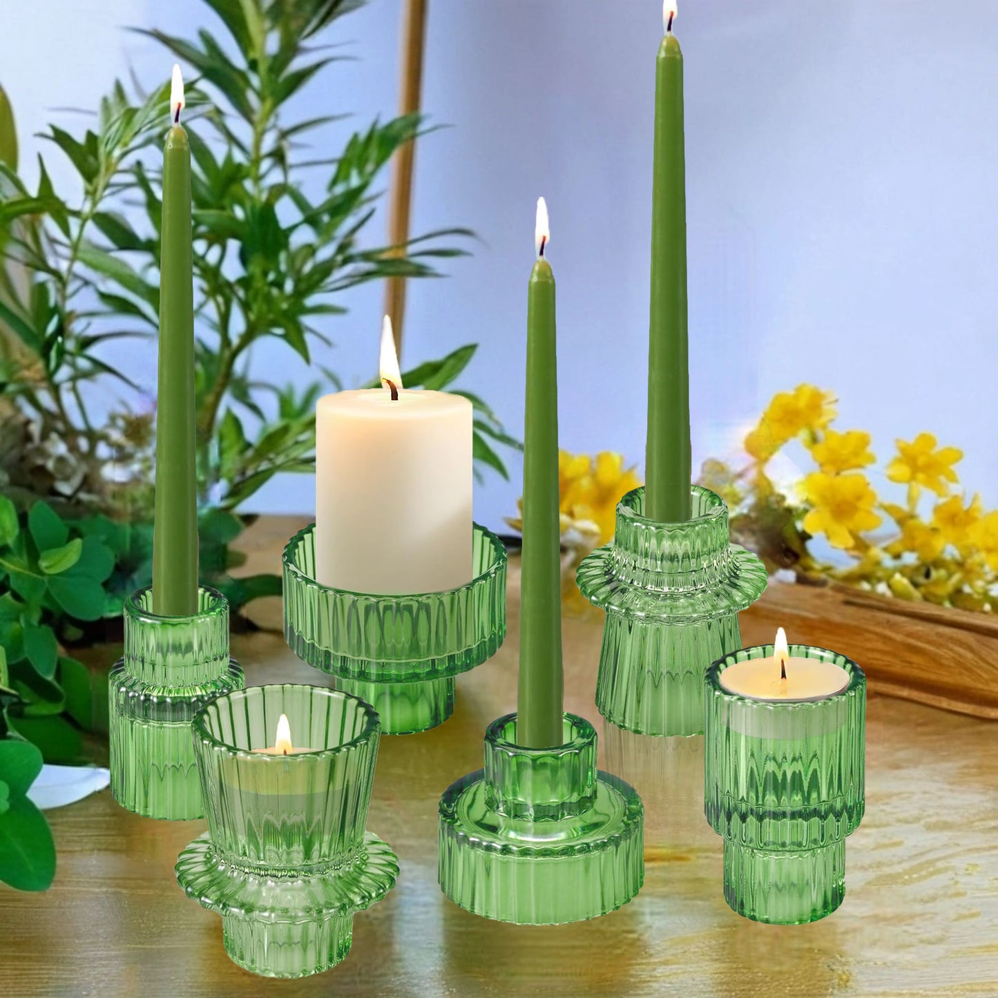 HIDAWN 6 Pcs Green Glass Candlestick Holders Tealight Candle Holders, Votive Candle Stick Candle Holder
