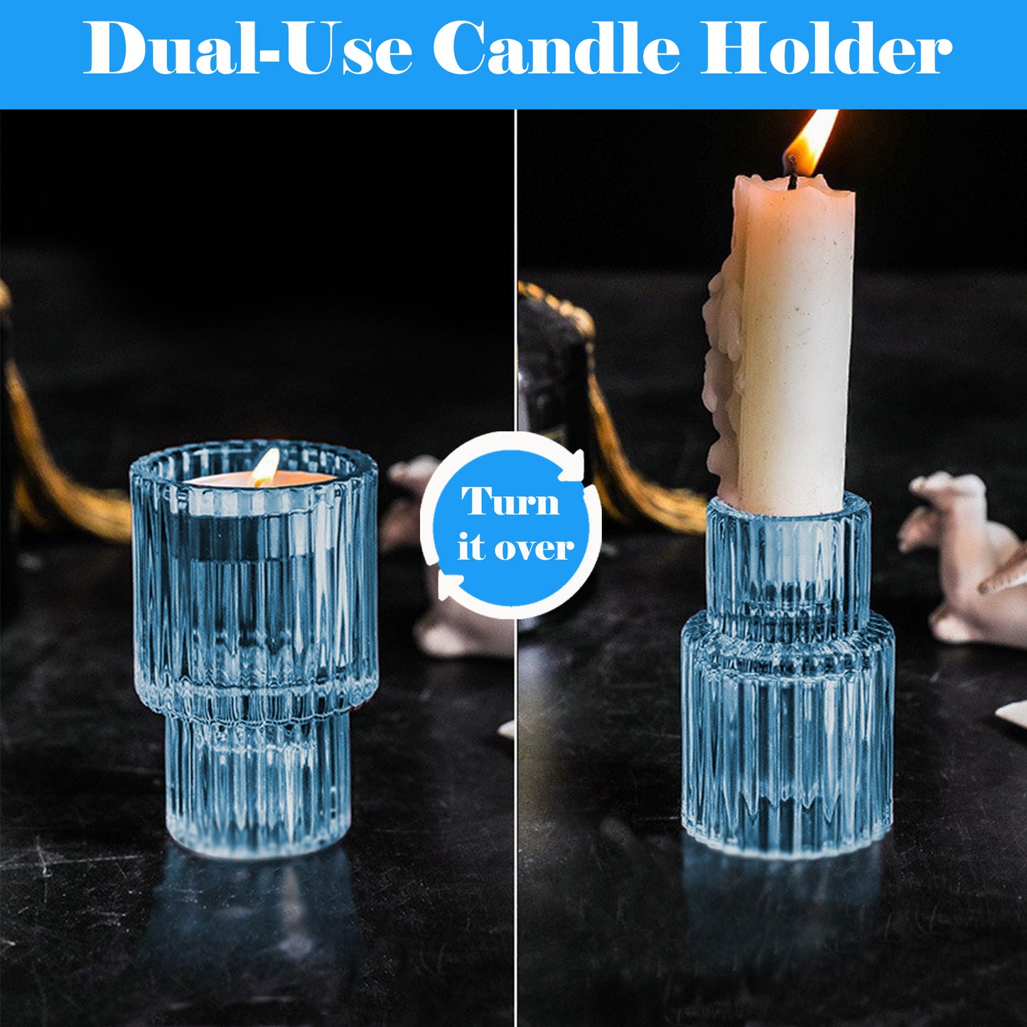 HIDAWN 6 Pcs Light Blue Glass Candlestick Holders Tealight Candle Holders, Votive Candle Stick Candle Holder