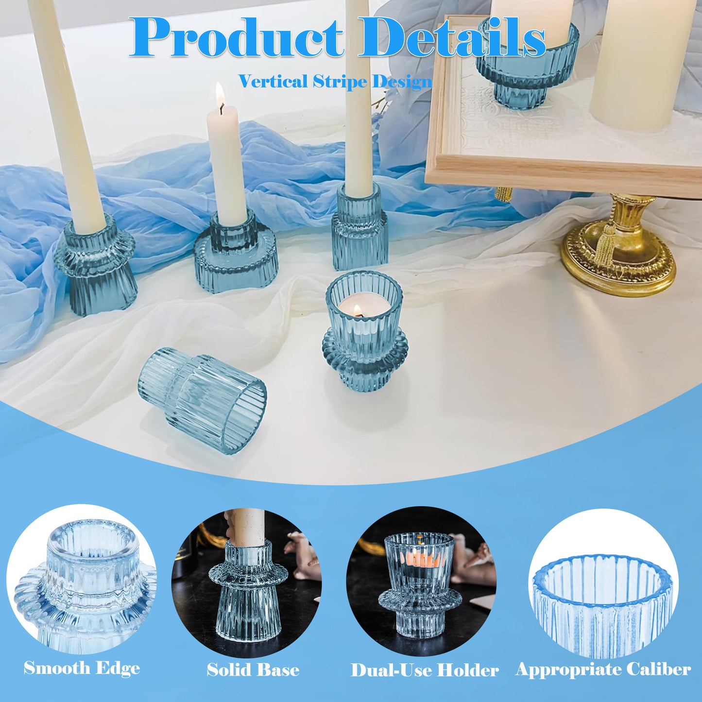 HIDAWN 6 Pcs Light Blue Glass Candlestick Holders Tealight Candle Holders, Votive Candle Stick Candle Holder