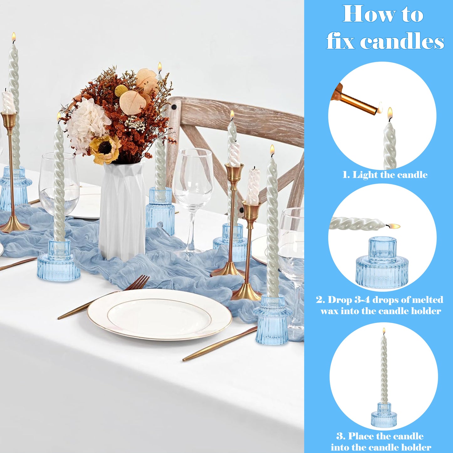 HIDAWN 6 Pcs Light Blue Glass Candlestick Holders Tealight Candle Holders, Votive Candle Stick Candle Holder
