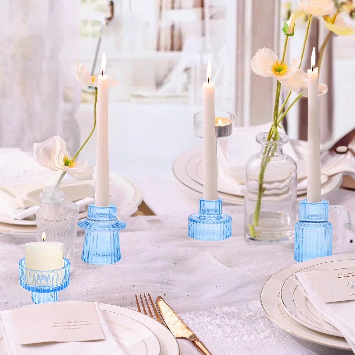 HIDAWN 6 Pcs Light Blue Glass Candlestick Holders Tealight Candle Holders, Votive Candle Stick Candle Holder