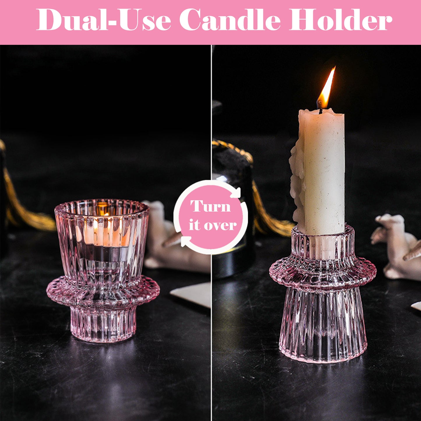 HIDAWN 6 Pcs Pink Glass Candlestick Holders Tealight Candle Holders, Votive Candle Stick Candle Holder
