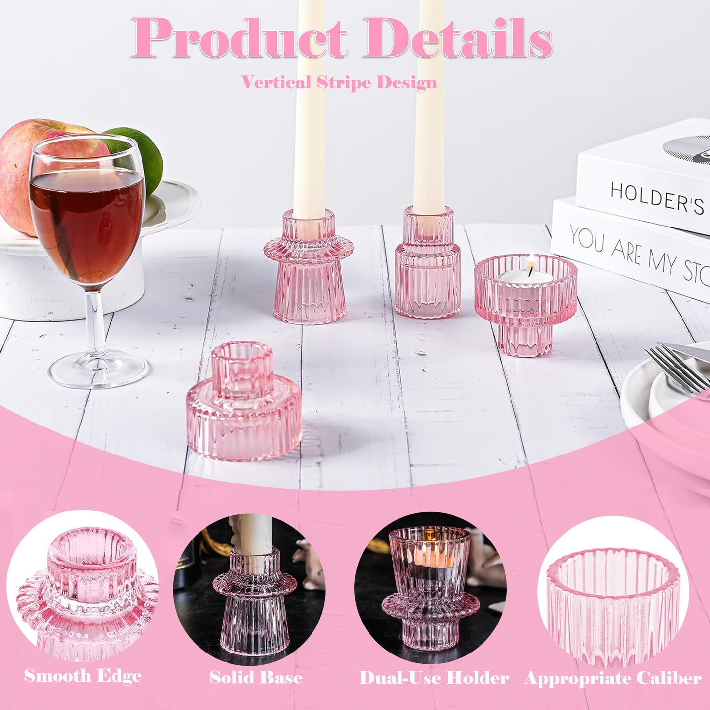 HIDAWN 6 Pcs Pink Glass Candlestick Holders Tealight Candle Holders, Votive Candle Stick Candle Holder