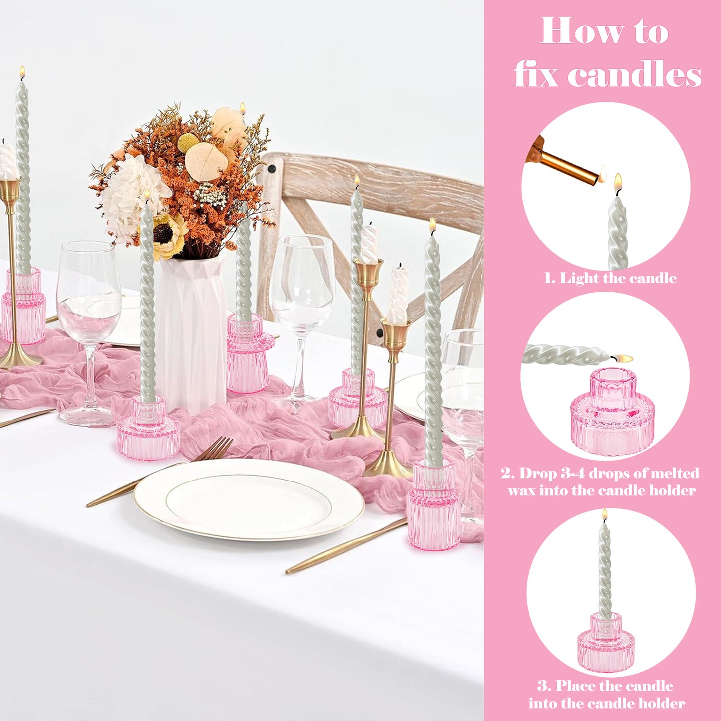 HIDAWN 6 Pcs Pink Glass Candlestick Holders Tealight Candle Holders, Votive Candle Stick Candle Holder