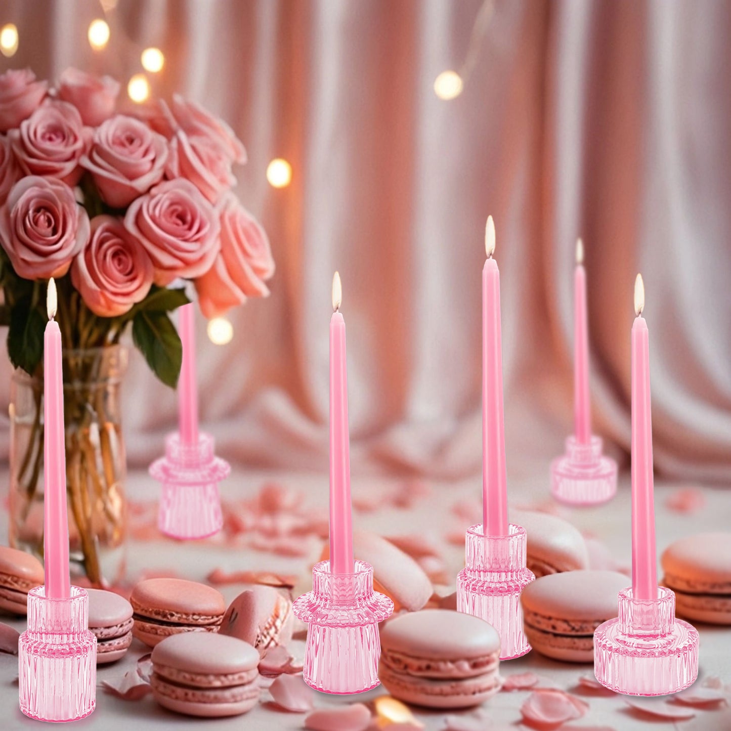 HIDAWN 6 Pcs Pink Glass Candlestick Holders Tealight Candle Holders, Votive Candle Stick Candle Holder
