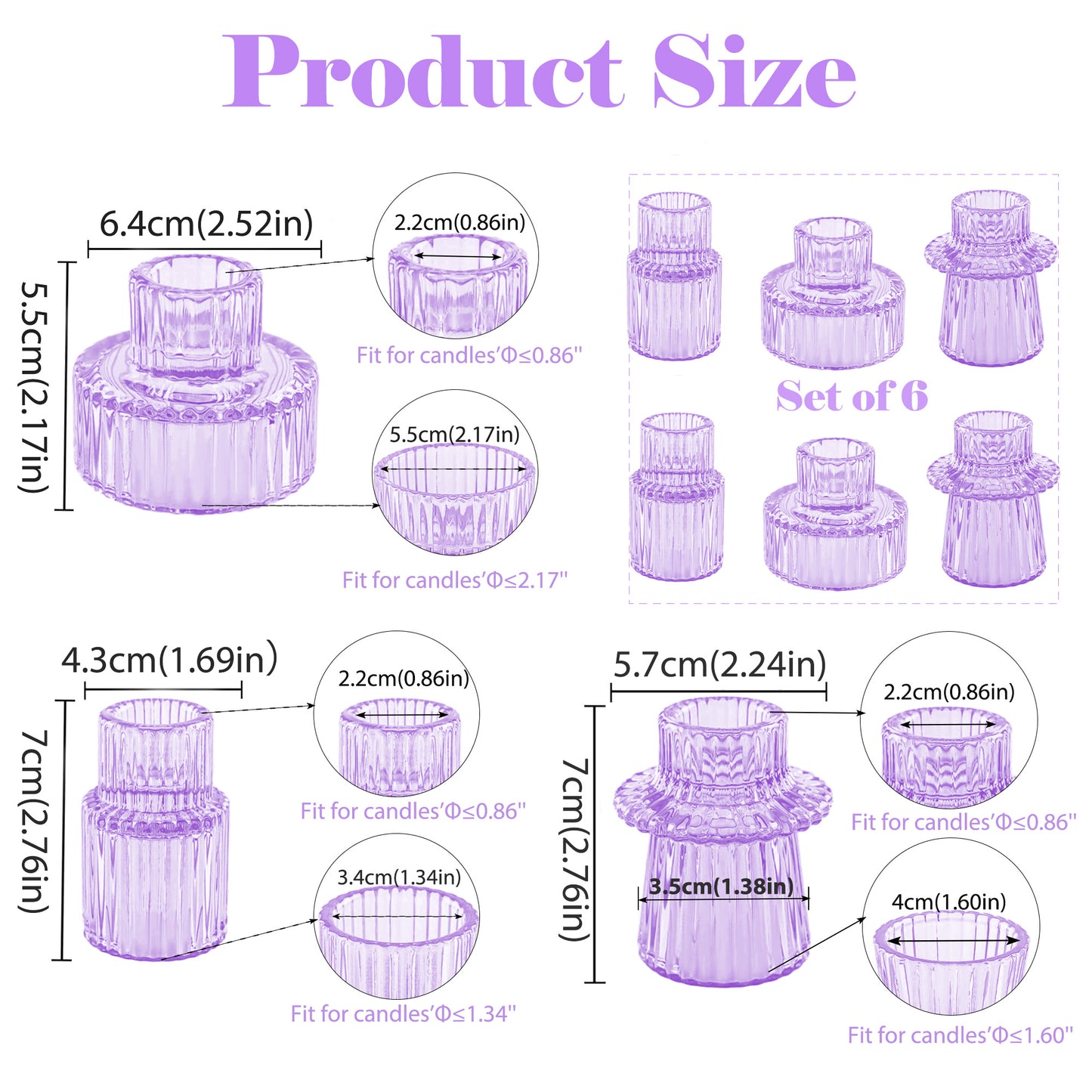 HIDAWN 6 Pcs Light Purple Glass Candlestick Holders Tealight Candle Holders, Votive Candle Stick Candle Holder