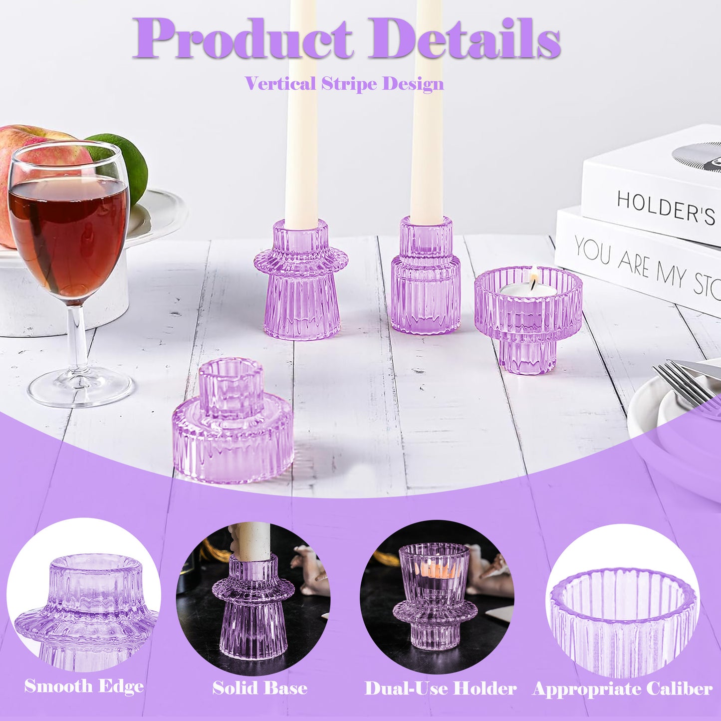 HIDAWN 6 Pcs Light Purple Glass Candlestick Holders Tealight Candle Holders, Votive Candle Stick Candle Holder
