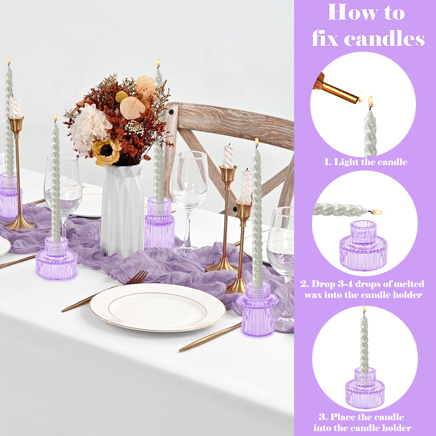 HIDAWN 6 Pcs Light Purple Glass Candlestick Holders Tealight Candle Holders, Votive Candle Stick Candle Holder
