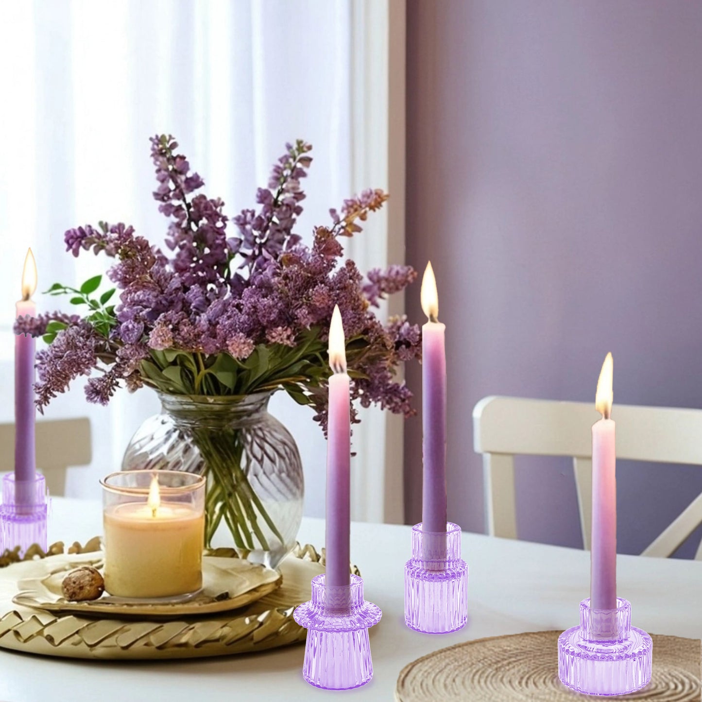 HIDAWN 6 Pcs Light Purple Glass Candlestick Holders Tealight Candle Holders, Votive Candle Stick Candle Holder