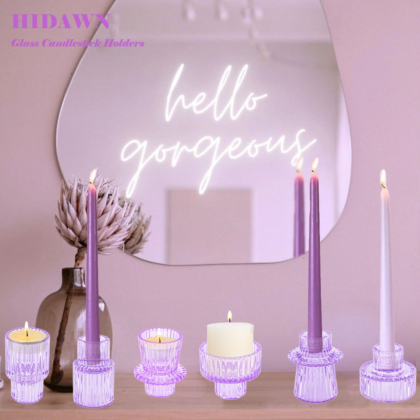 HIDAWN 6 Pcs Light Purple Glass Candlestick Holders Tealight Candle Holders, Votive Candle Stick Candle Holder
