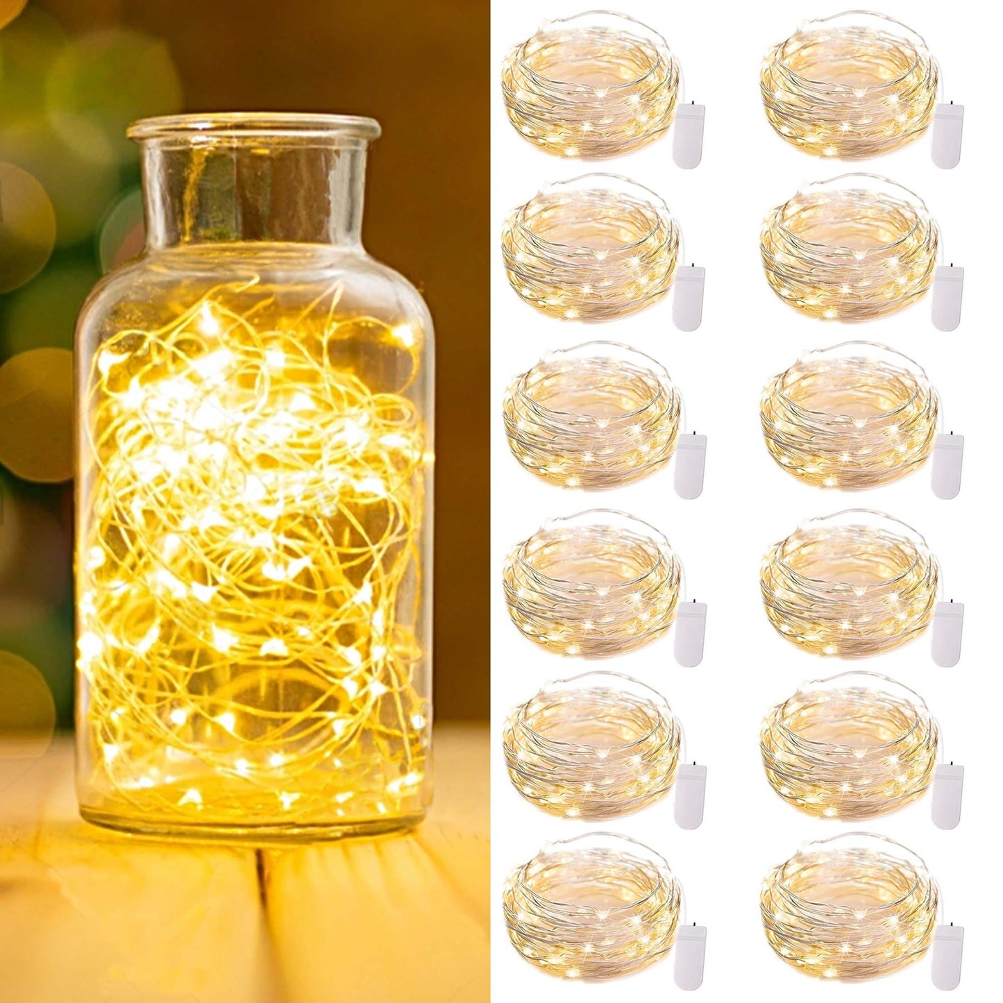 HIDAWN 12 Pack Fairy Lights CR2032 Battery Operated,9.84ft 30 LED Waterproof Mini String Lights Copper Wire Firefly Starry Lights-Warm White