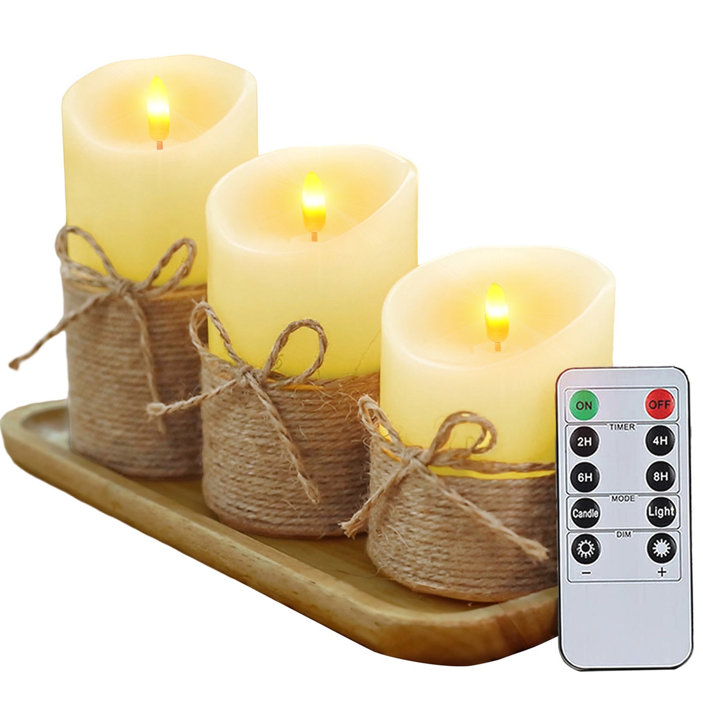 HIDAWN Hemp Rope Flameless Candles Flickering with Remote and Timer,3D Wick Acrylic Electric Fake Candles, Battery Operated LED Pillar Candle-Ivory 4" 5" 6"