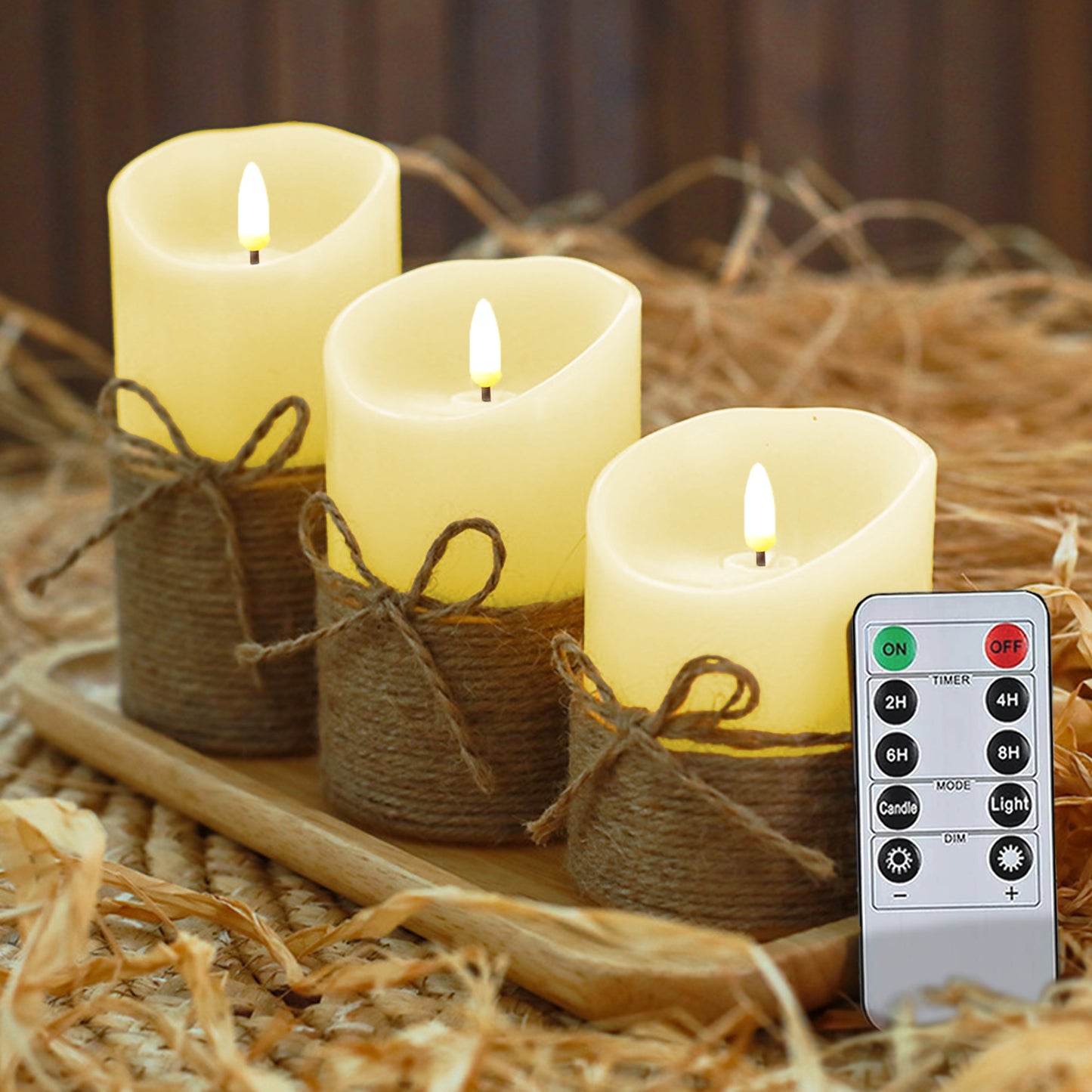 HIDAWN Hemp Rope Flameless Candles Flickering with Remote and Timer,3D Wick Acrylic Electric Fake Candles, Battery Operated LED Pillar Candle-Ivory 4" 5" 6"