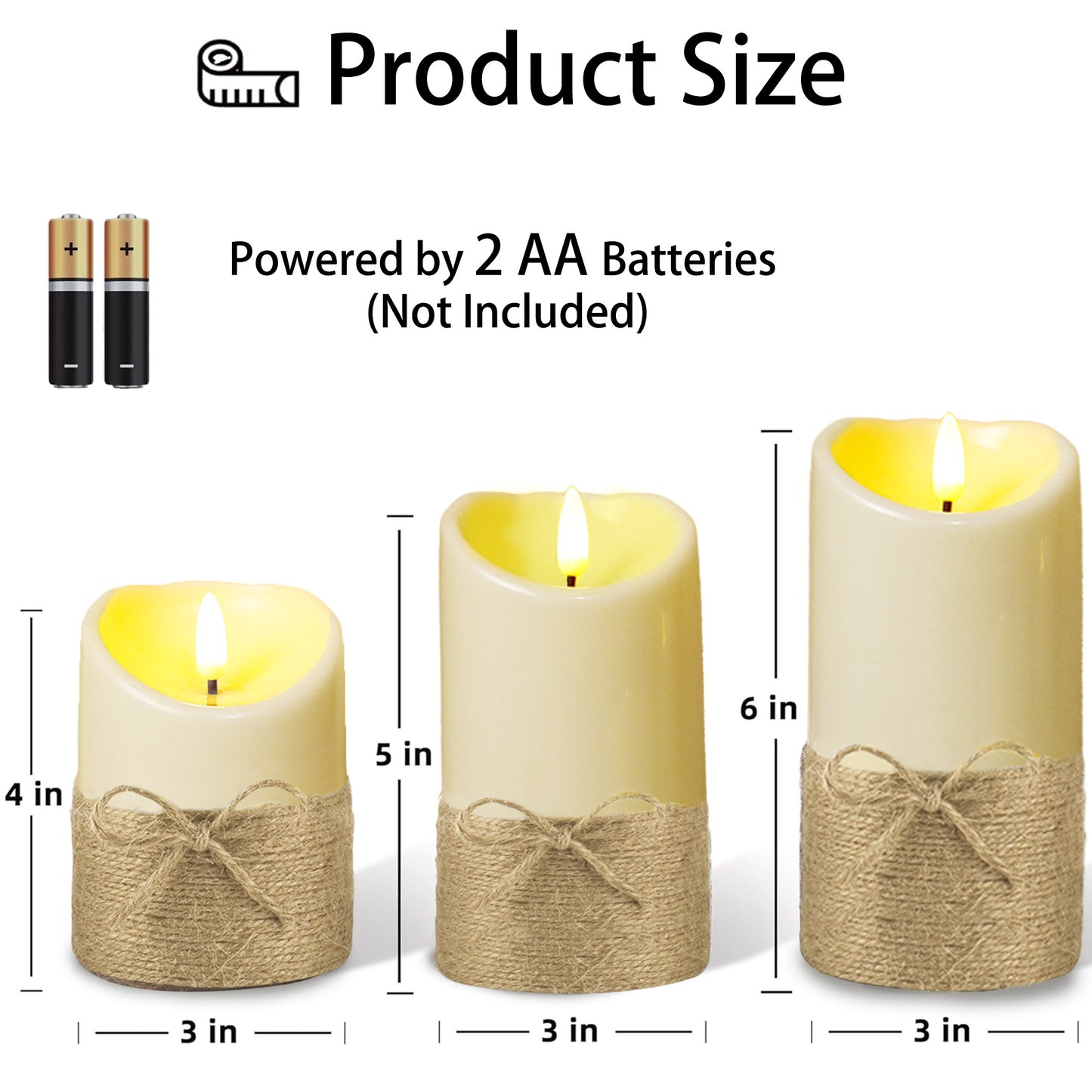 HIDAWN Hemp Rope Flameless Candles Flickering with Remote and Timer,3D Wick Acrylic Electric Fake Candles, Battery Operated LED Pillar Candle-Ivory 4" 5" 6"