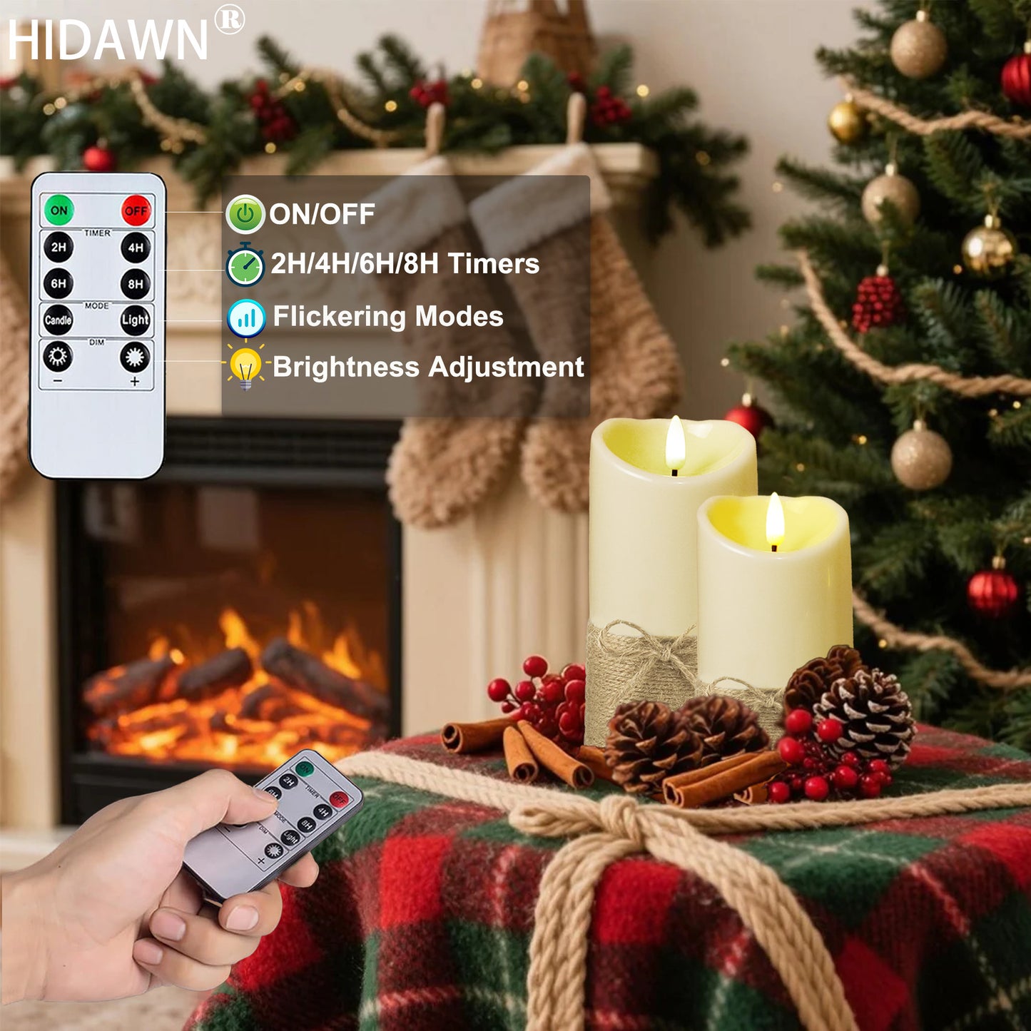 HIDAWN Hemp Rope Flameless Candles Flickering with Remote and Timer,3D Wick Acrylic Electric Fake Candles, Battery Operated LED Pillar Candle-Ivory 4" 5" 6"