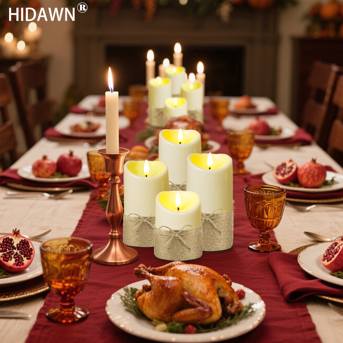 HIDAWN Hemp Rope Flameless Candles Flickering with Remote and Timer,3D Wick Acrylic Electric Fake Candles, Battery Operated LED Pillar Candle-Ivory 4" 5" 6"