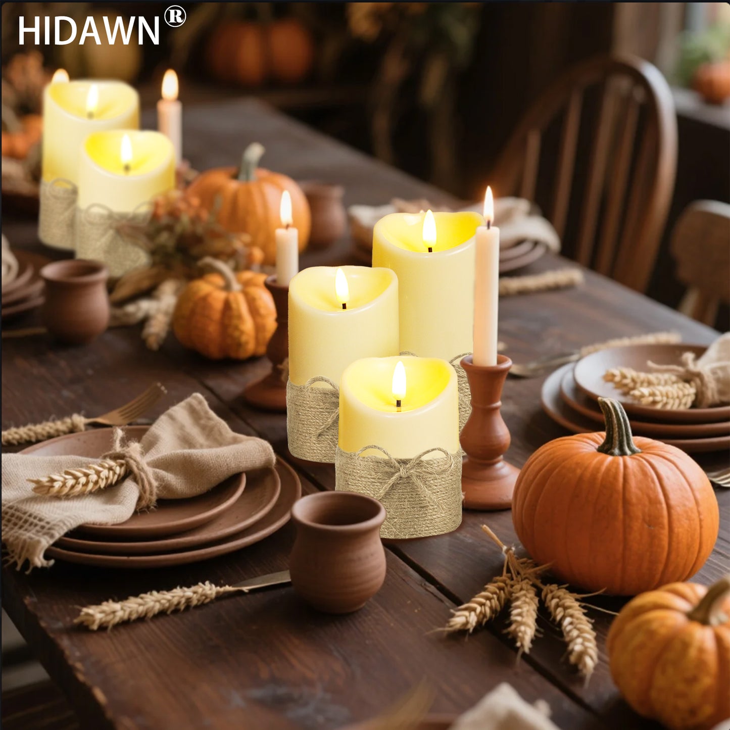 HIDAWN Hemp Rope Flameless Candles Flickering with Remote and Timer,3D Wick Acrylic Electric Fake Candles, Battery Operated LED Pillar Candle-Ivory 4" 5" 6"