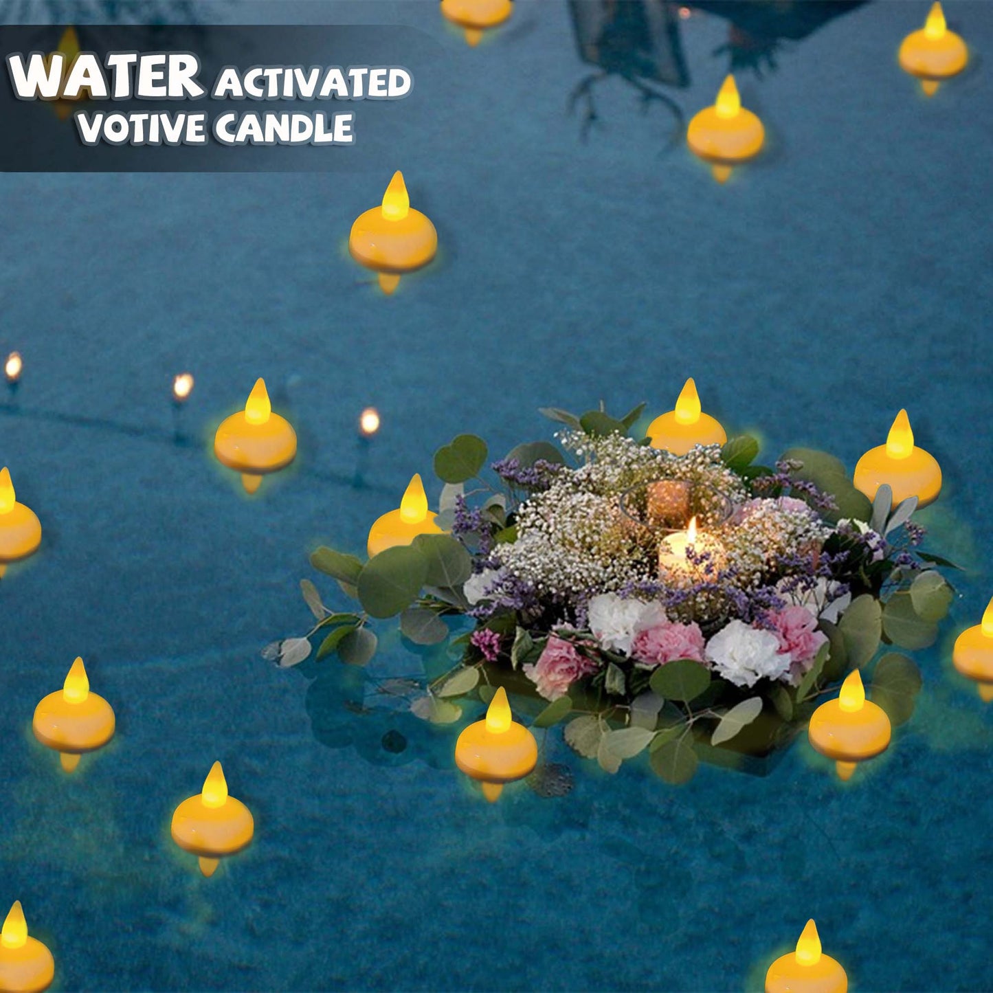 HIDAWN 12 Pack Waterproof Flameless Floating Tealights, Water Activated LED Fake Tealights Candle, Battery Operated Floating Tea Lights Candles-Warm Yellow