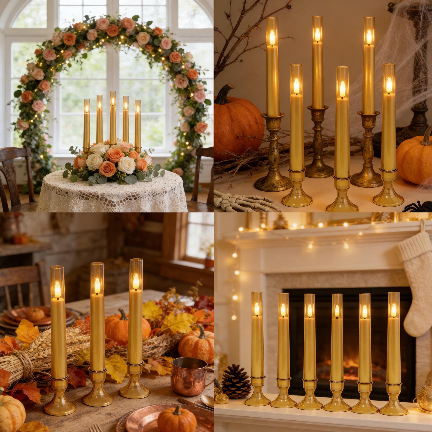 6Pack Flameless Taper Candles with Remote Timer, LED Fake Electric Candlesticks With Base,Battery Operated Dripless 3D Flickering Flame Window Candles,9.57Inch,Gold