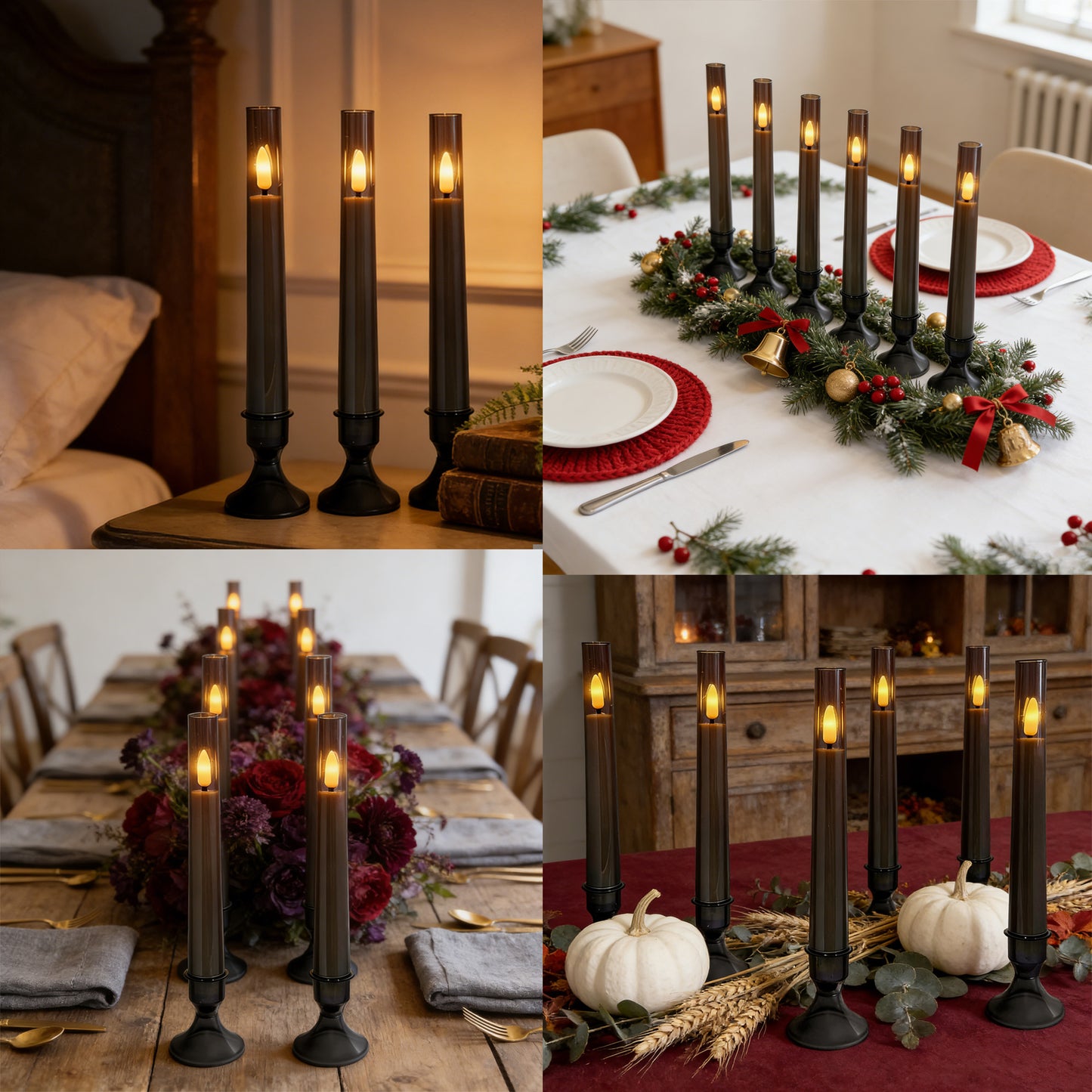 6Pack Flameless Taper Candles with Remote Timer, LED Fake Electric Candlesticks With Base,Battery Operated Dripless 3D Flickering Flame Window Candles,9.57Inch,Black Gray